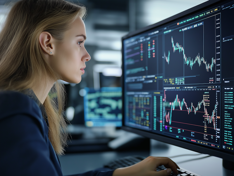 Profesional analizando gráficos de inversión y portafolios financieros